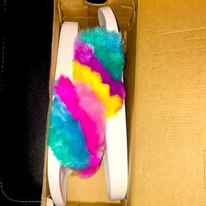 Rainbow Print Faux Fur Slides